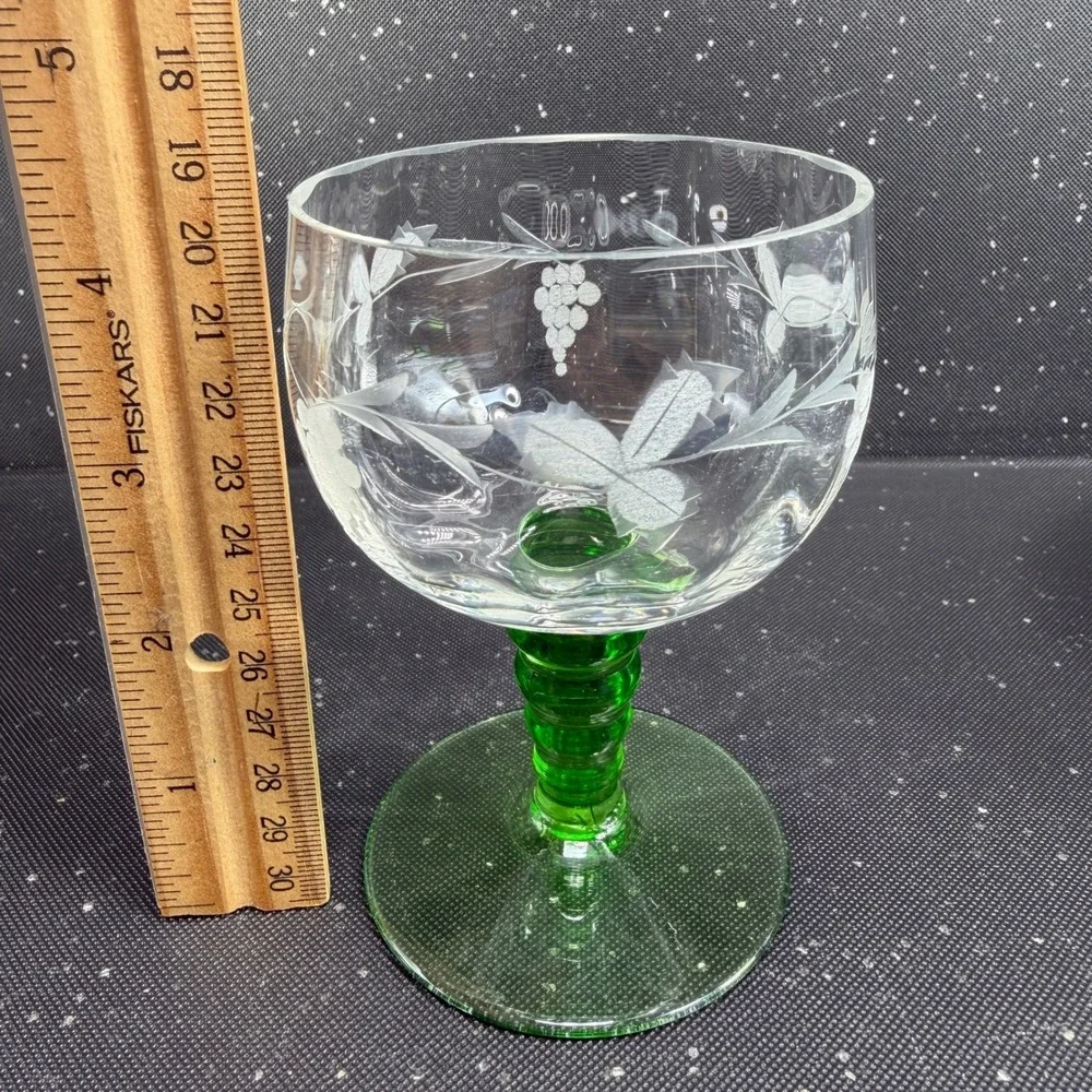 Vintage Roemer Etched Grape Wine Glasses Green Beehive Stem Set of 2 Cups VTG